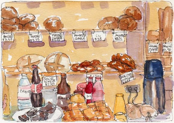 Bread and Snacks Counter, ink & watercolor