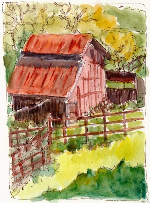Borges Ranch Barn, Ink & watercolor, 7x5"