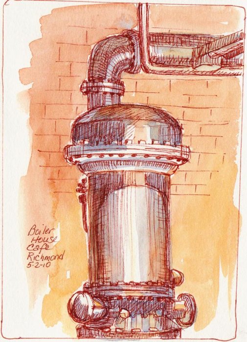 Boiler, Sanguine Ink & Watercolor
