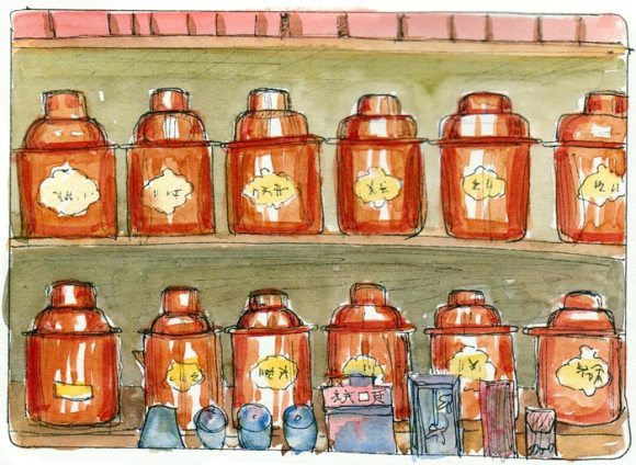 Tea Shop Canisters, ink & watercolor