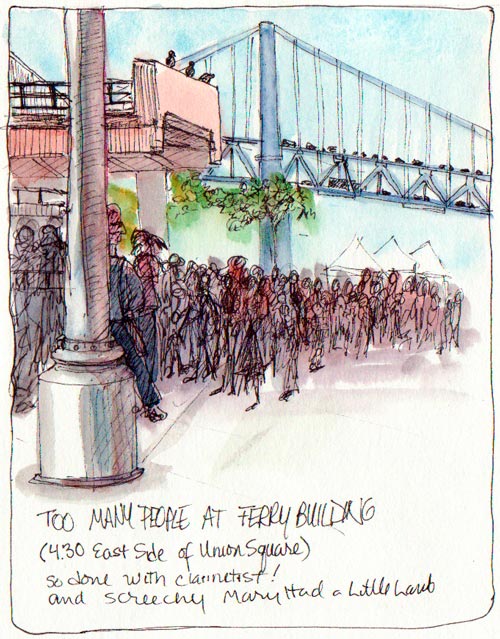 Waiting for Sketchcrawl to Start at Ferry Building, ink & watercolor