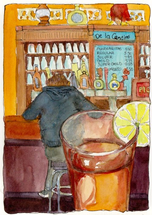 Picante Peach Iced Tea and Bar, ink & watercolor