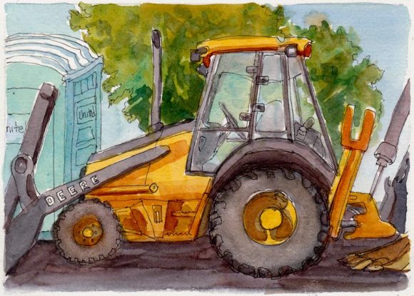 John Deere & Porta John, Ink & watercolor sketch of tractor
