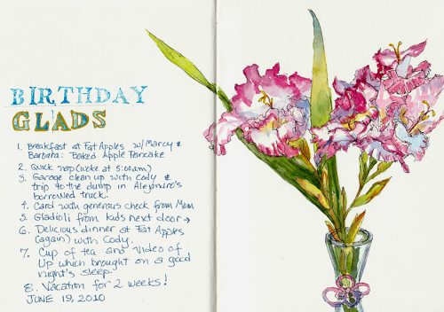 Birthday Glads and Gladioli, ink & watercolor
