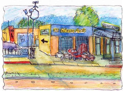 Gilman Auto Berkeley, ink & watercolor pencil