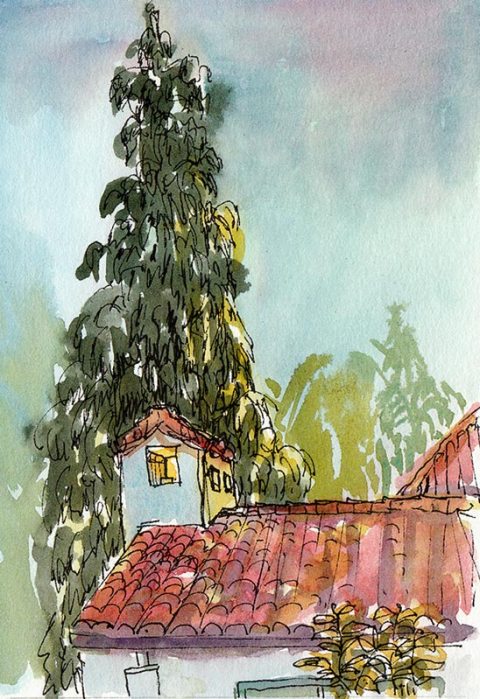 Clark Kerr at Sunset, ink & watercolor