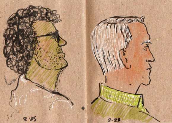 Two guys in green, ink & colored pencil