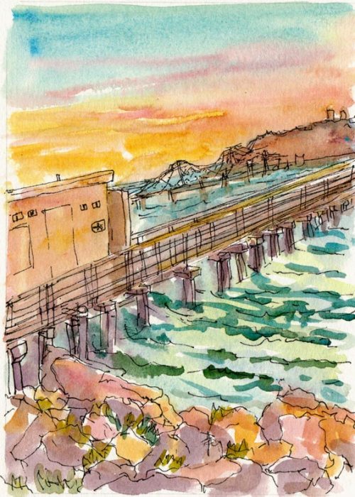 Men's Bathroom on the Pier at Sunset, ink & watercolor Men's Bathroom on the Pier at Sunset, ink & watercolor
