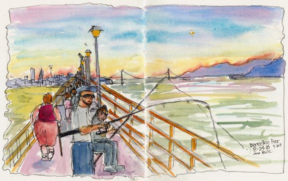 Fishing & Strolling the Pier, ink & watercolor Fishing & Strolling the Pier, ink & watercolor