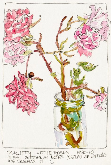 Scruffy Roses Instead of Ice Cream, ink & watercolor