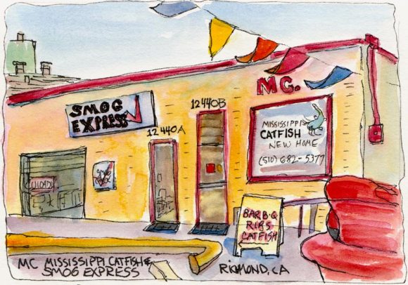 Mississippi Catfish and Smog Express, ink & watercolor