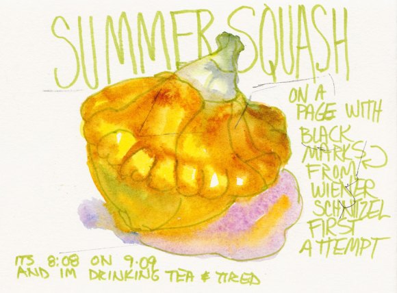 Summer Squash on a Messed Up Page, brush pen & watercolor