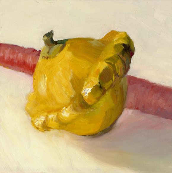 Summer Squash, Tired Carrot, oil on panel, 8x8"