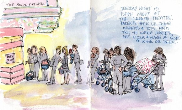 Baby Night at the Cerrito Theater, ink & watercolor