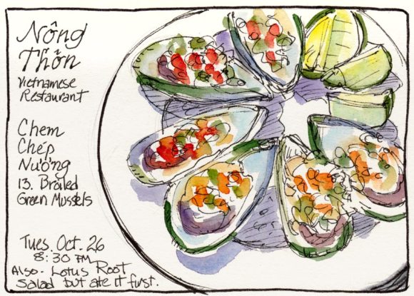 Green Mussels at Nong Thon, ink & watercolor