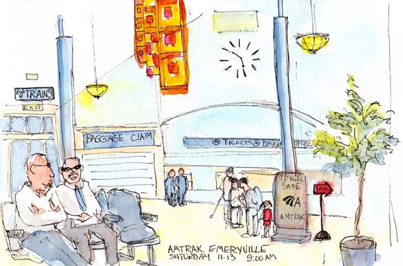 Emeryville Amtrak Station, ink & watercolor