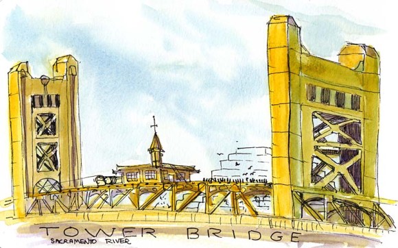 Tower Bridge over Sacramento River, ink & watercolor