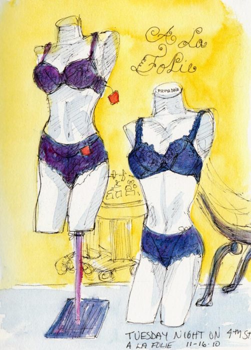 A La Folie, Undies on 4th Street, ink & watercolor