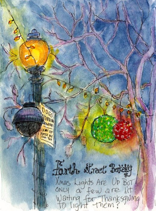 Fourth Street Holiday Lights, ink & watercolor