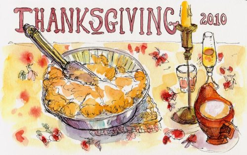 Thanksgiving After Dinner Sketch, ink & watercolor