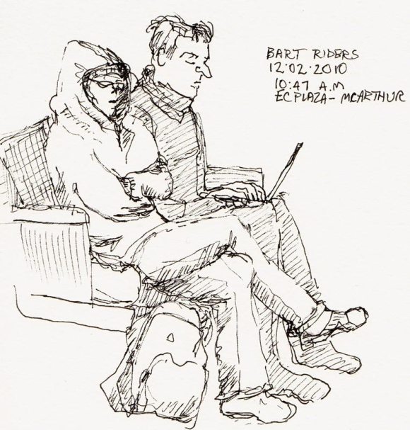 Bundled up and Busy on BART, ink sketch
