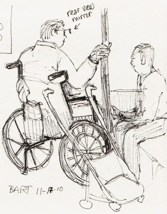 Wheelchair Rider with Rear View Mirror