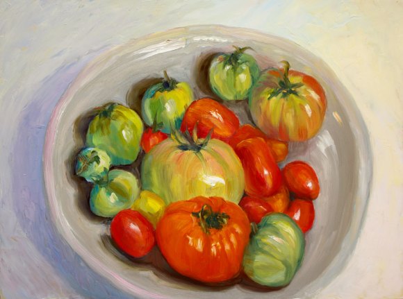 November Tomatoes in Raku Bowl; oil painting on board, 9x12"