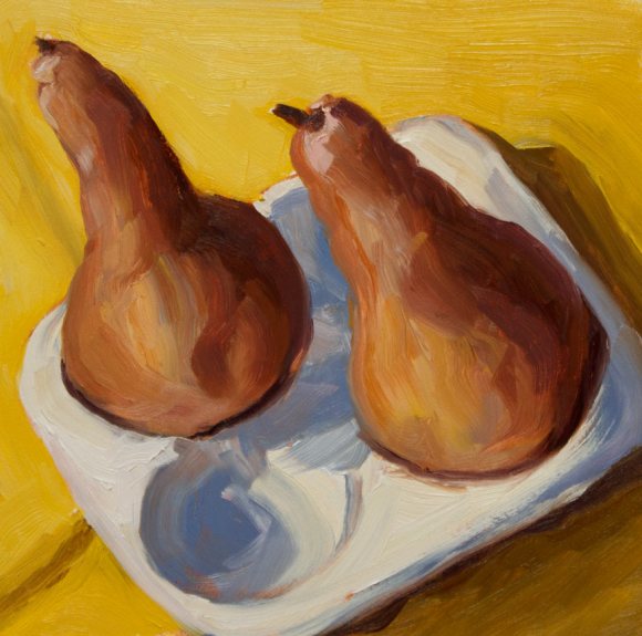 Striving Pears, Oil on Gessobord, 6x6"