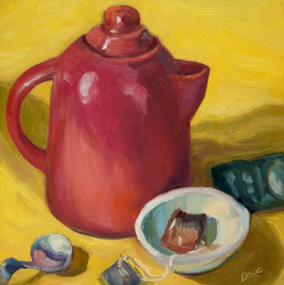Christmas Teapot, oil on Gessobord, 8x8"
