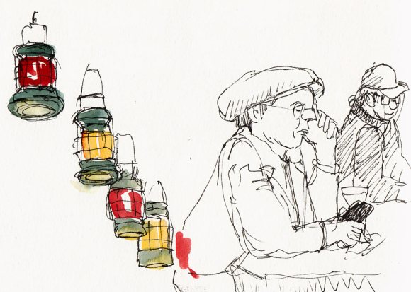 Lanterns, Martini & a Cellphone at Spengers, Ink & watercolor