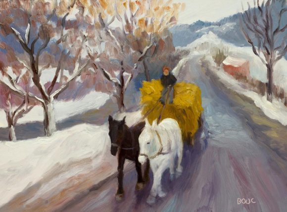 Romanian Winter Hayride, oil painting on panel, 9x12"