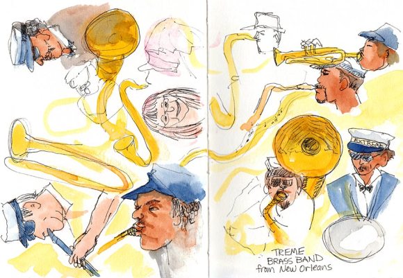 Treme Brass Band sketches, ink & watercolor