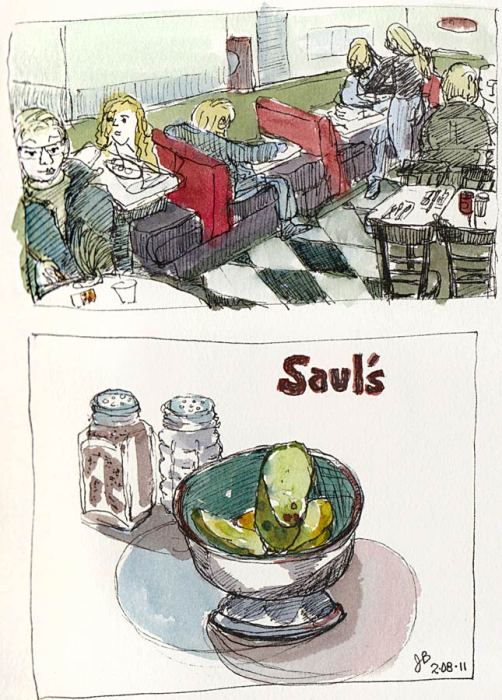 Saul's Deli & their famous pickles, ink & watercolor