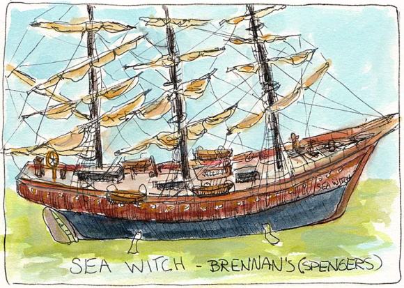 Sea Witch Ship Model, ink & watercolor