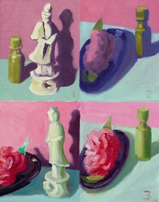 Kwan Yin, Pepper Sauce,  Camelia in Soap Dish, oil on 8x10" panel