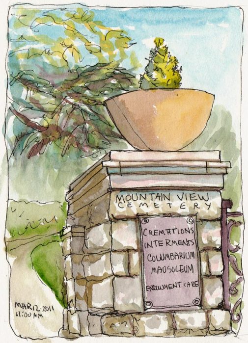 Mountain View Cemetery Entrance, ink & watercolor