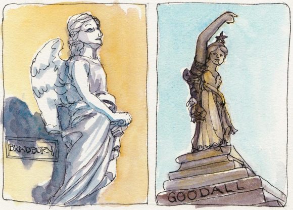 Mountain View Cemetery Statues, ink and watercolor