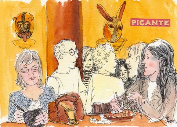 Picante Cocina Mexicana's Mask Lights, Ink & watercolor