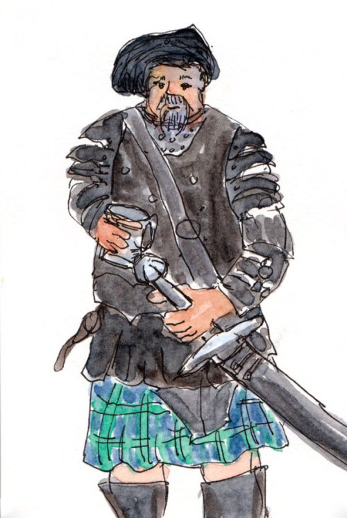 Warrior in full leather (and kilt), ink & watercolor
