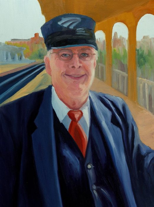 Capitol Corridor Amtrak Conductor, Oil on stretched canvas, 16x12"
