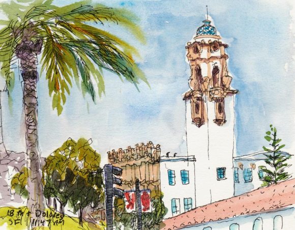 View from Dolores Park, ink & watercolor