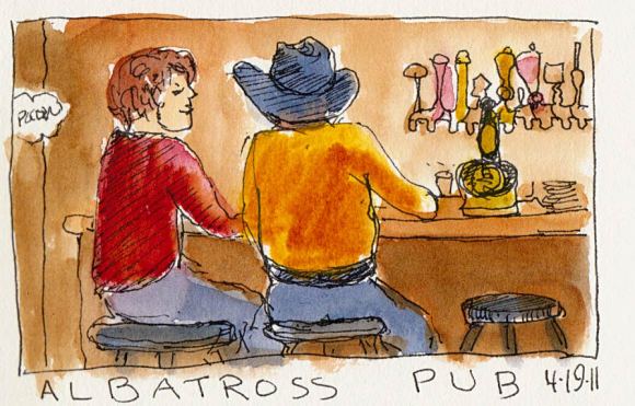 Albatross Pub, couple with hat, ink and watercolor