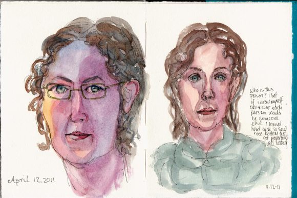 End of sketchbook self portraits, ink & watercolor