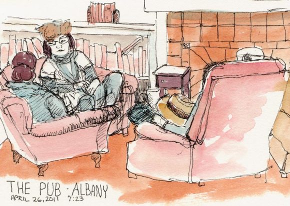 The Pub: Like a Living Room, ink & watercolor