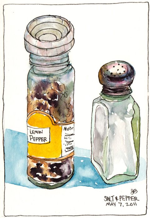My Lemon Pepper and Salt Shaker, ink & watercolor, 5.5"x7.5