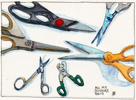 All The Scissors I Own, ink & watercolor, 5.5x7.5"