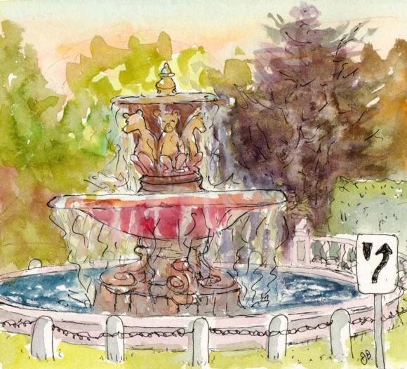 Teddy Bear Fountain, ink & watercolor, 5 1/2 x6 1/2"