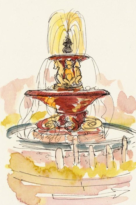 Teddy Bear Fountain, ink & watercolor on hot press paper, 6"x4"