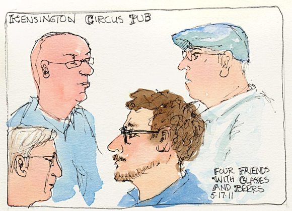 Old friends plotting at Kensington Circus Pub, ink & watercolor, 5x7"