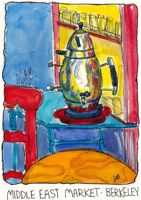 Middle East Market Teapot, Berkeley, ink & watercolor 5.5 x 7"